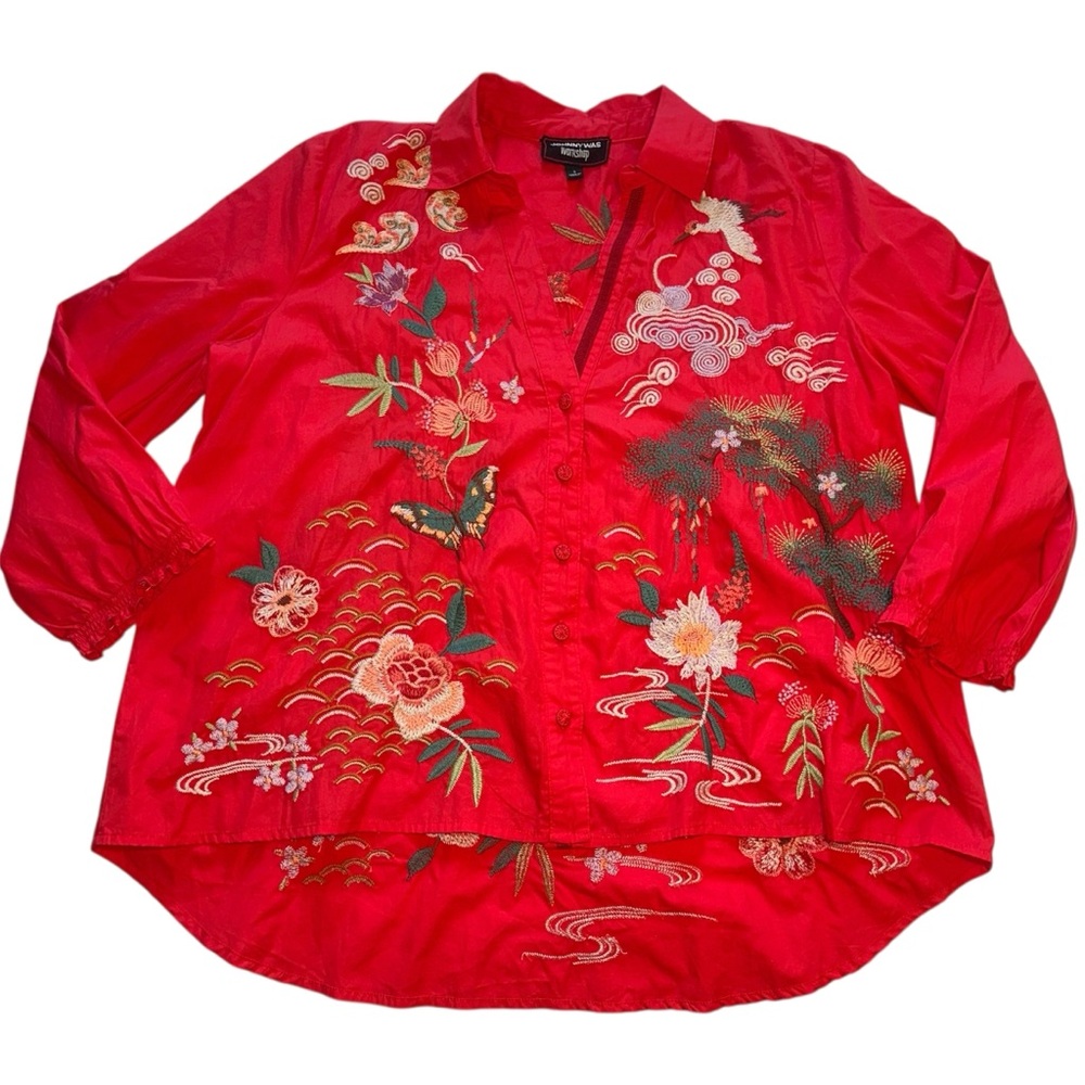 Johnny Was Workshop Heron Relaxed Smocked Blouse Red Size Small